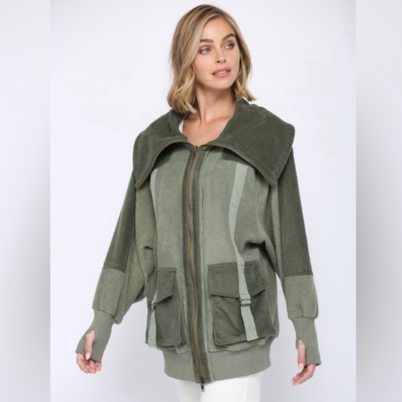 FATE Sherpa Collar Corduroy Zip Up Jacket in Olive - Picture 5 of 6